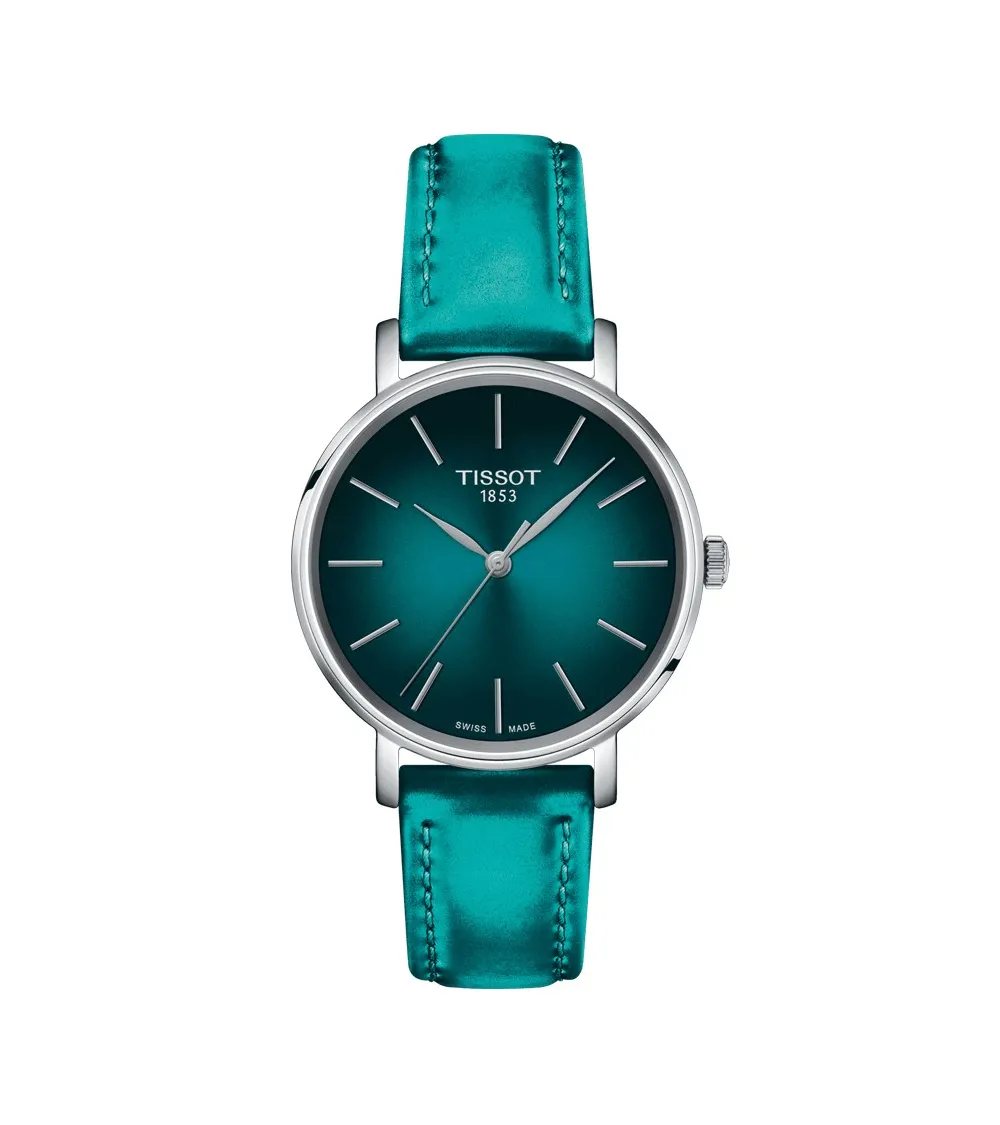 TISSOT T-CLASSIC EVERYTIME LADY QUARTZ CADRAN TURQUOISE  BRACELET CUIR BLEU 34 MM