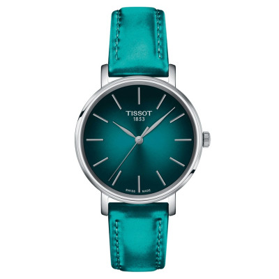 TISSOT T-CLASSIC EVERYTIME LADY QUARTZ CADRAN TURQUOISE  BRACELET CUIR BLEU 34 MM