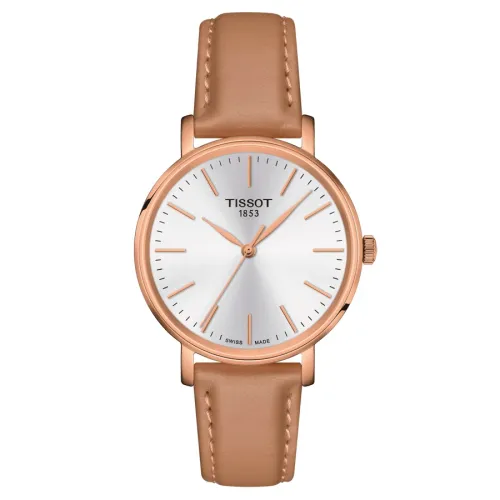 TISSOT T-CLASSIC EVERYTIME LADY QUARTZ PVD OR ROSE  CADRAN BLANC BRACELET CUIR BEIGE 34 MM