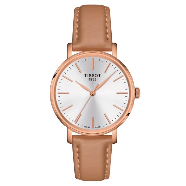 TISSOT T-CLASSIC EVERYTIME LADY QUARTZ PVD OR ROSE  CADRAN BLANC BRACELET CUIR BEIGE 34 MM