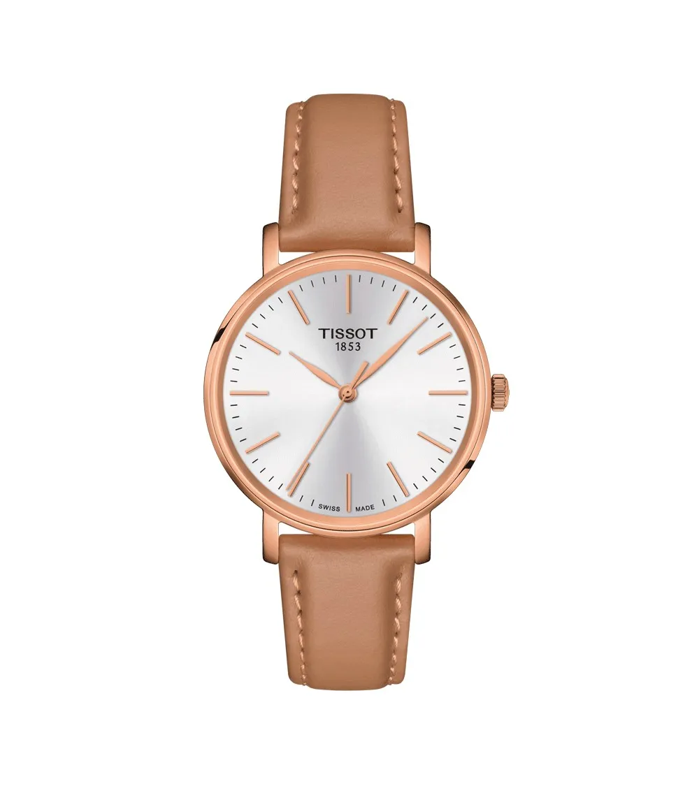 TISSOT T-CLASSIC EVERYTIME LADY QUARTZ PVD OR ROSE  CADRAN BLANC BRACELET CUIR BEIGE 34 MM