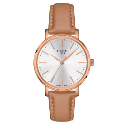 TISSOT T-CLASSIC EVERYTIME LADY QUARTZ PVD OR ROSE  CADRAN BLANC BRACELET CUIR BEIGE 34 MM