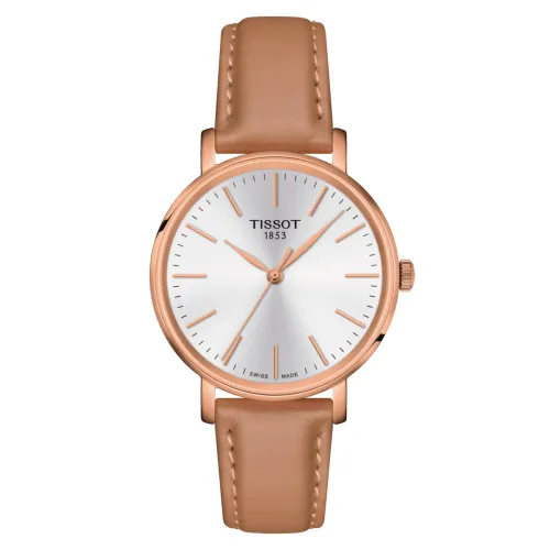 TISSOT T-CLASSIC EVERYTIME LADY QUARTZ PVD OR ROSE  CADRAN BLANC BRACELET CUIR BEIGE 34 MM