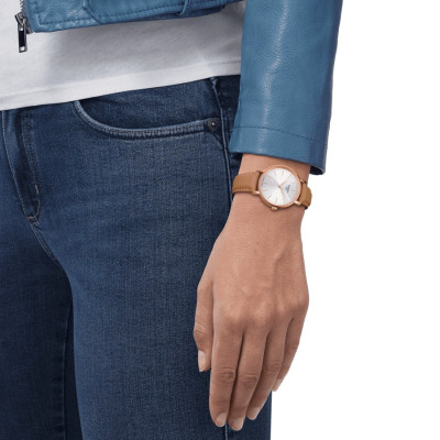 TISSOT T-CLASSIC EVERYTIME LADY QUARTZ PVD OR ROSE  CADRAN BLANC BRACELET CUIR BEIGE 34 MM