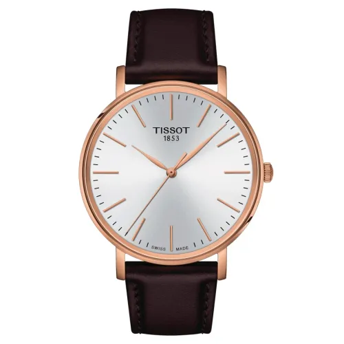 TISSOT T-CLASSIC EVERYTIME  QUARTZ PVD OR ROSE CADRAN BLANC  BRACELET CUIR MARRON 40 MM