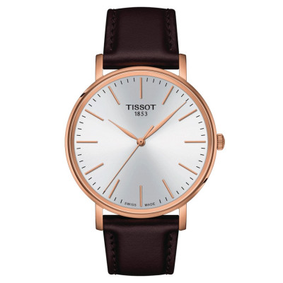 TISSOT T-CLASSIC EVERYTIME  QUARTZ PVD OR ROSE CADRAN BLANC  BRACELET CUIR MARRON 40 MM