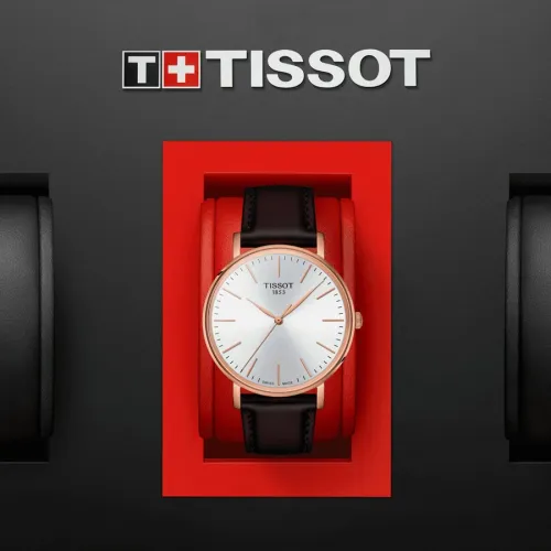 TISSOT T-CLASSIC EVERYTIME  QUARTZ PVD OR ROSE CADRAN BLANC  BRACELET CUIR MARRON 40 MM