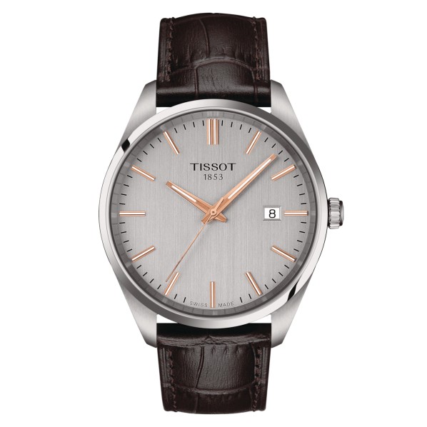 TISSOT T-CLASSIC PR100 QUARTZ CADRAN ARGENTÉ BRACELET CUIR BRUN 40 MM