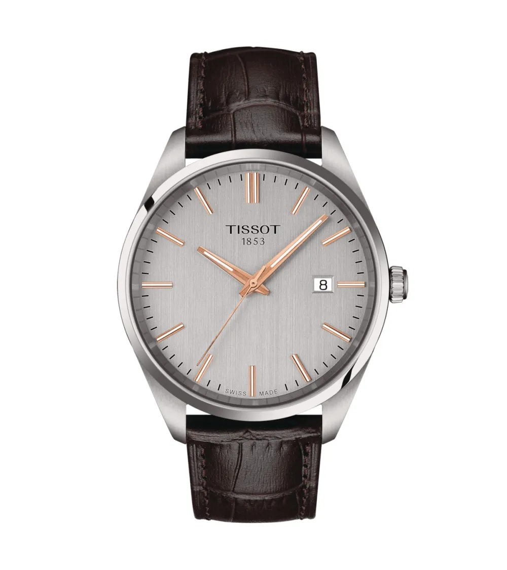 TISSOT T-CLASSIC PR100 QUARTZ CADRAN ARGENTÉ BRACELET CUIR BRUN 40 MM