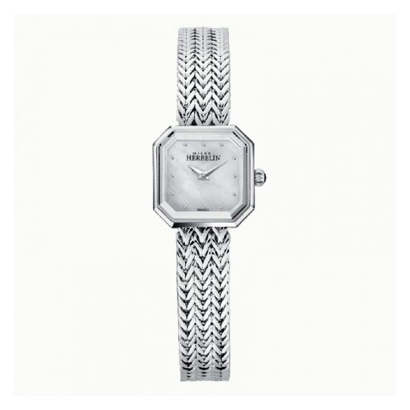 Photo montrant l'intégralité de la montre Octogône – quartz carré – acier & nacre blanche