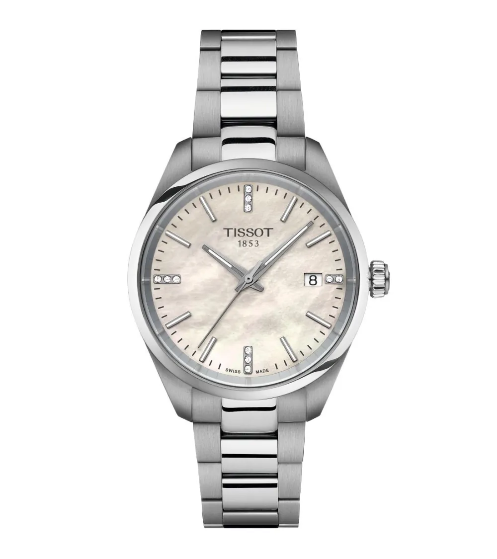 MONTRE TISSOT PR100 QUARTZ CADRAN NACRE BLANCHE ET DIAMANTS BRACELET ACIER 34 MM