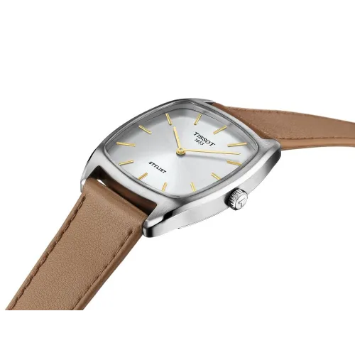 MONTRE TISSOT STYLIST FOND ARGENTÉ CUIR MARRON INDEX DORÉ