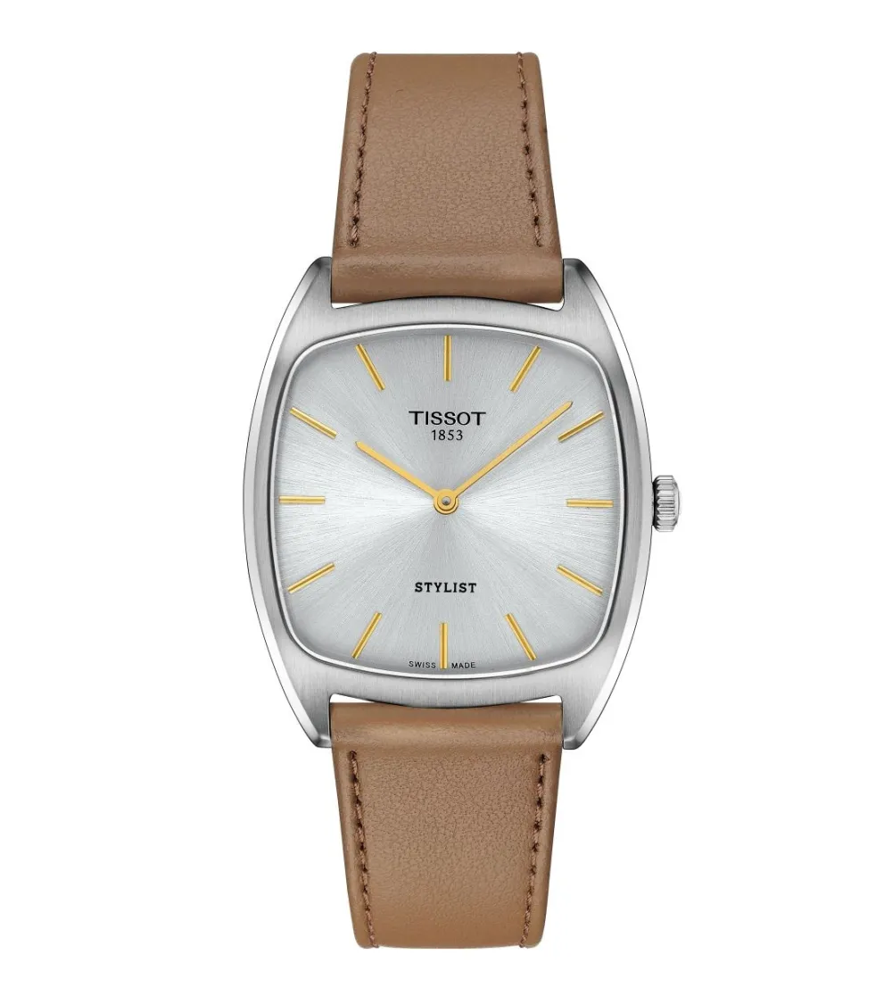 MONTRE TISSOT STYLIST FOND ARGENTÉ CUIR MARRON INDEX DORÉ