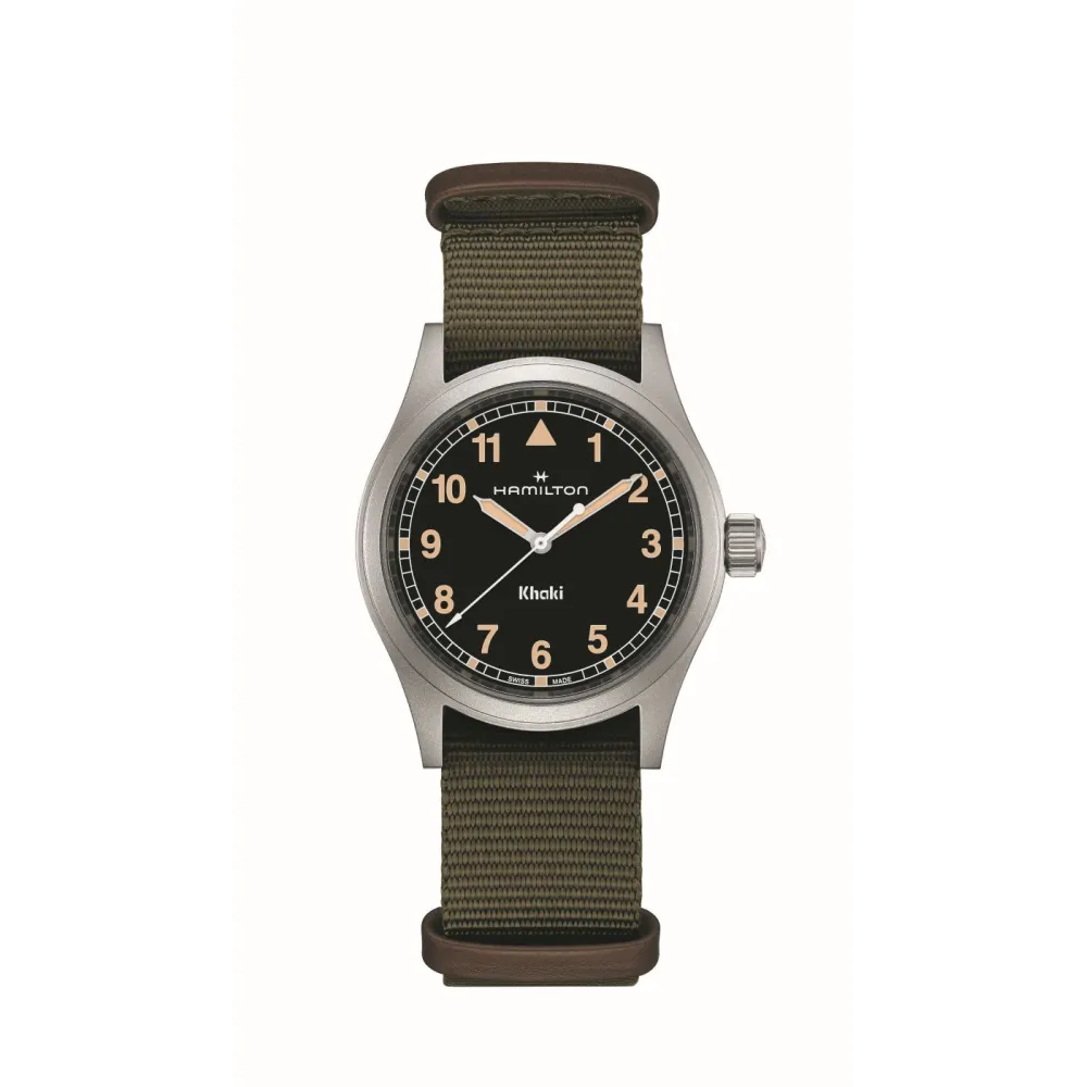 Montre Hamilton Khaki Field Quartz 38 mm fond noir bracelet kaki