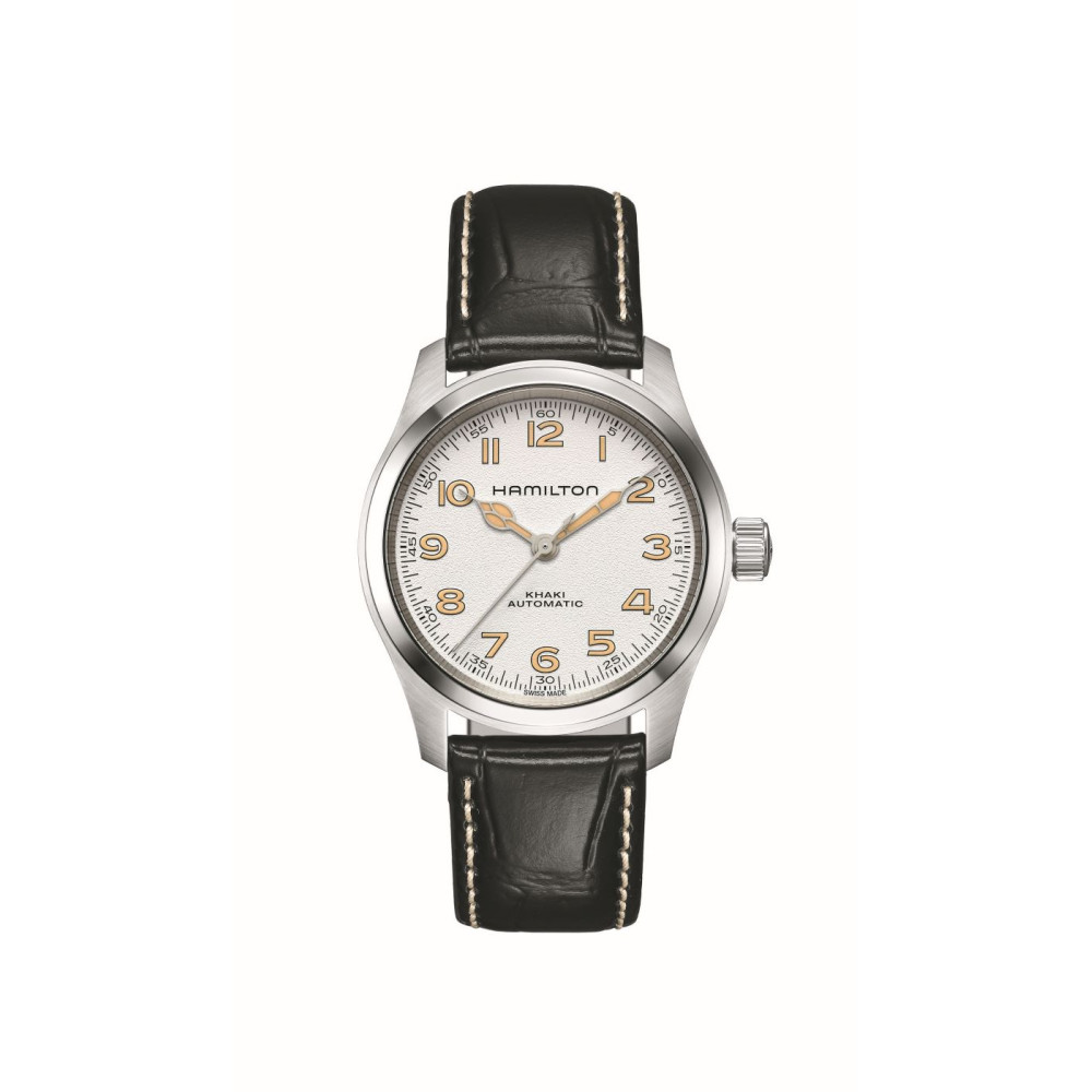 Montre Hamilton Khaki Field Murph 38mm fond blanc bracelet cuir noir