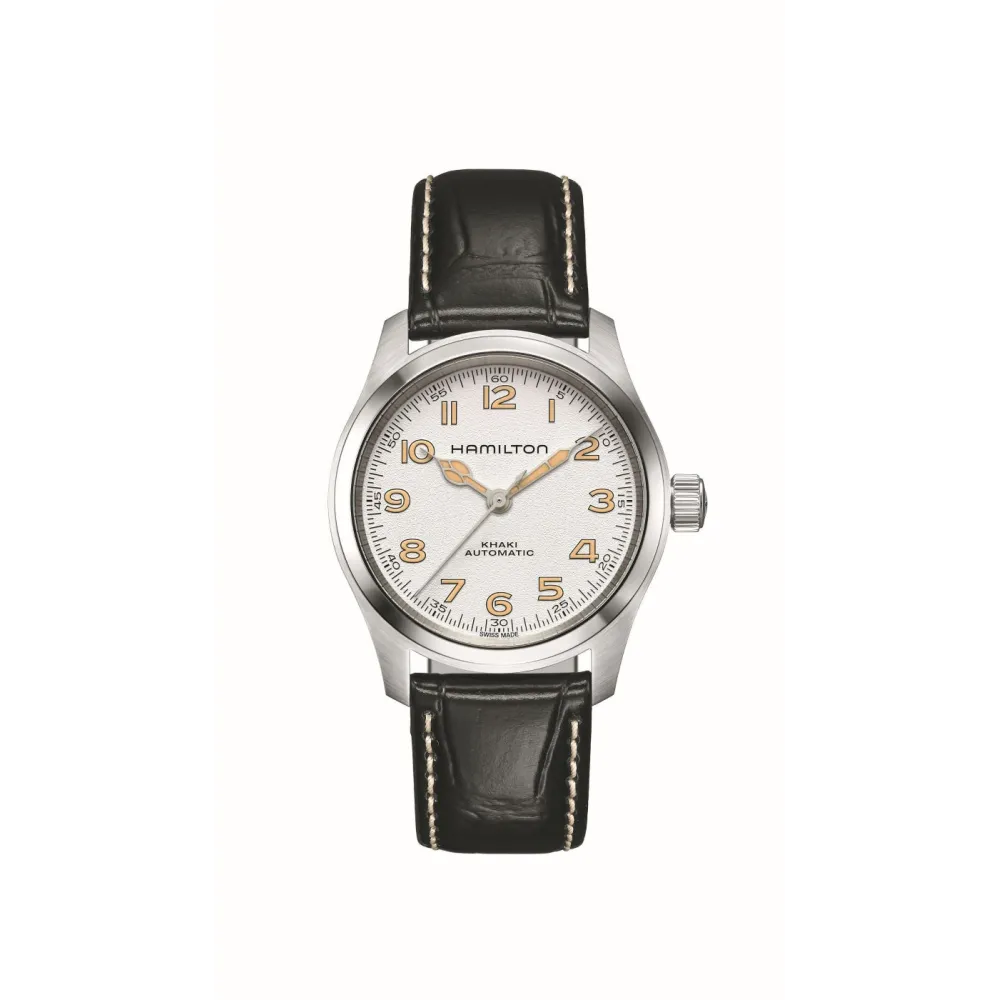 Montre Hamilton Khaki Field Murph 38mm fond blanc bracelet cuir noir