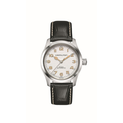 Montre Hamilton Khaki Field Murph 38mm fond blanc bracelet cuir noir