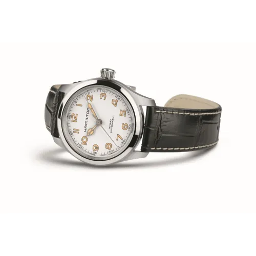 Montre Hamilton Khaki Field Murph 38mm fond blanc bracelet cuir noir