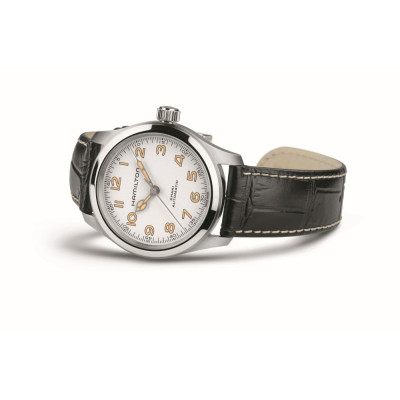 Montre Hamilton Khaki Field Murph 38mm fond blanc bracelet cuir noir