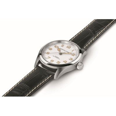 Montre Hamilton Khaki Field Murph 38mm fond blanc bracelet cuir noir