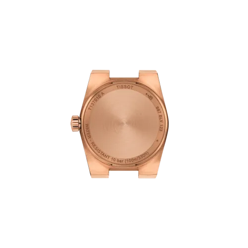 Vue frontale de la montre Tissot PRX 25mm avec cadran, boîtier et bracelet en or rose