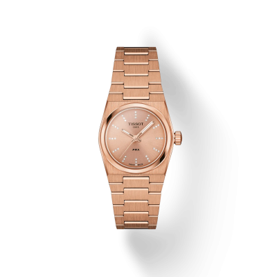 Vue frontale de la montre Tissot PRX 25mm avec cadran, boîtier et bracelet en or rose