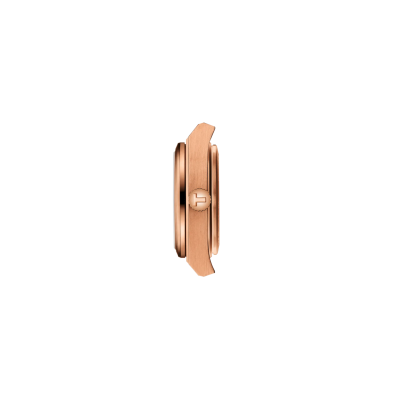 Vue latérale de la montre Tissot PRX 25mm, mettant en évidence le boîtier en or rose et la couronne