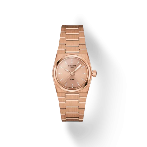 Vue frontale de la montre Tissot PRX 25mm avec cadran, boîtier et bracelet en or rose
