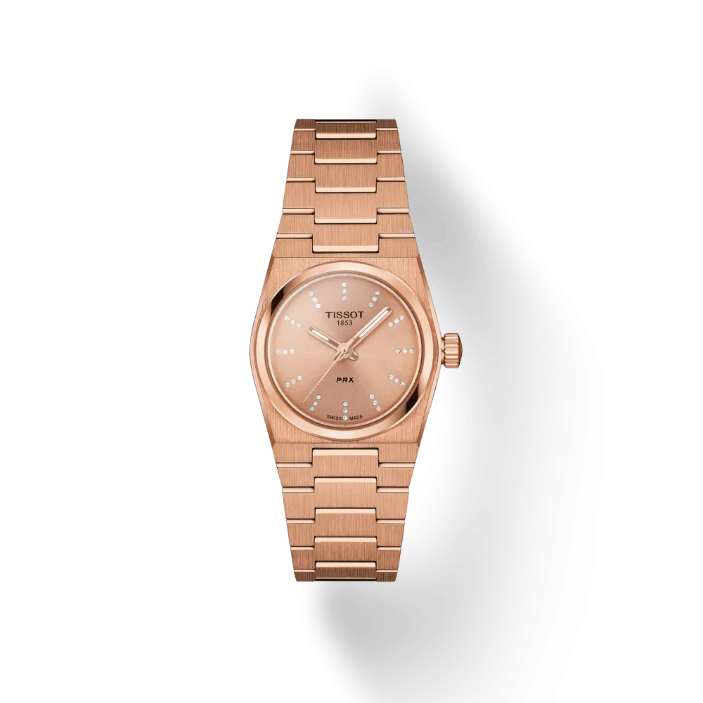 Vue frontale de la montre Tissot PRX 25mm avec cadran, boîtier et bracelet en or rose
