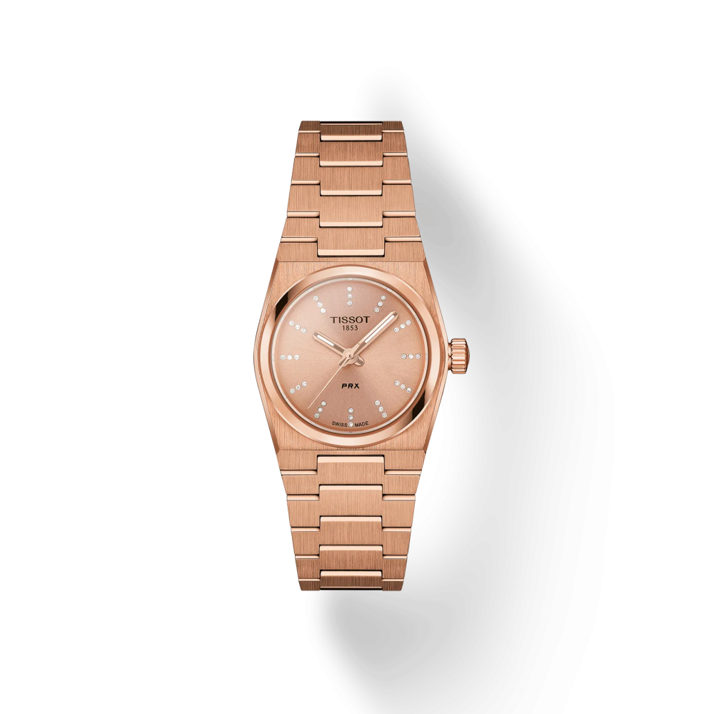 Vue frontale de la montre Tissot PRX 25mm avec cadran, boîtier et bracelet en or rose