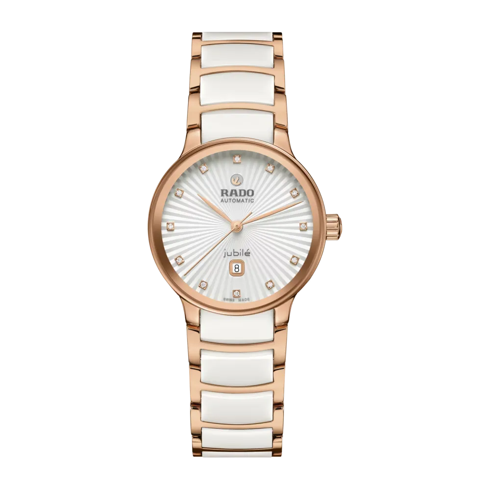 Photo montrant l’entité de la montre Rado Centrix Automatic Diamonds, céramique blanche et rosée.
