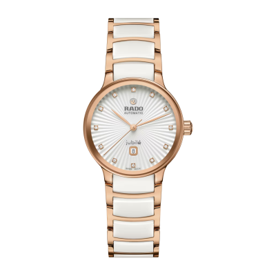 Photo montrant l’entité de la montre Rado Centrix Automatic Diamonds, céramique blanche et rosée.