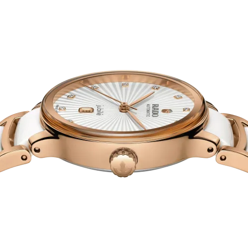 Photo montrant l’entité de la montre Rado Centrix Automatic Diamonds, céramique blanche et rosée.