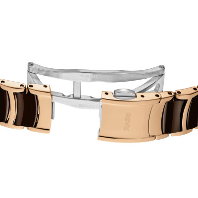 Vue de la boucle de la montre Rado Centrix Dame Automatique Diamants.