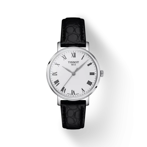 Photo montrant l'intégralité de la Montre Tissot Everytime 34mm, Cadran Blanc, Bracelet Noir.