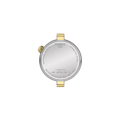 Vue du dos mettant en valeur le boîtier de la Montre Tissot Désir Cadran En Nacre Bracelet Et Boîtier Argent Et Or Jaune.