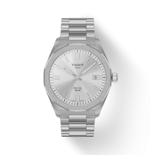 Photo montrant l'intégralité de la montre Tissot PRC 100 Solar Quartz 39mm cadran gris