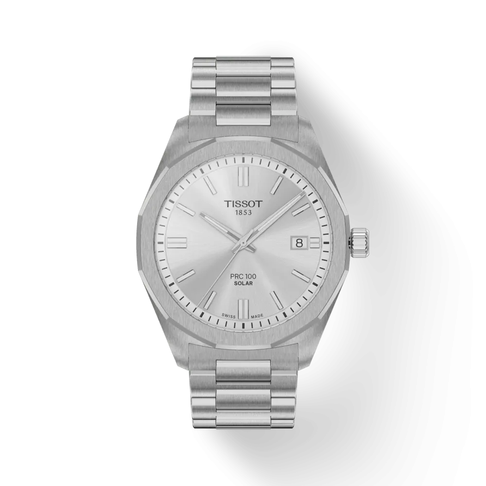 Photo montrant l'intégralité de la montre Tissot PRC 100 Solar Quartz 39mm cadran gris