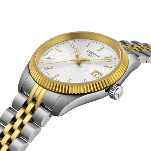 Photo montrant l'intégralité de la montre Tissot Ballade 34mm cadran gris, bracelet bicolore doré