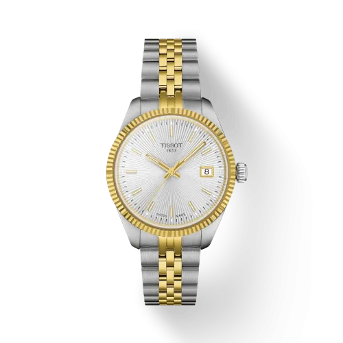 Photo montrant l'intégralité de la montre Tissot Ballade 34mm cadran gris, bracelet bicolore doré