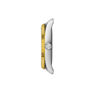 Vue profil de la Montre Tissot Ballade 34 MM Cadran Gris, Bracelet Bicolore Doré.