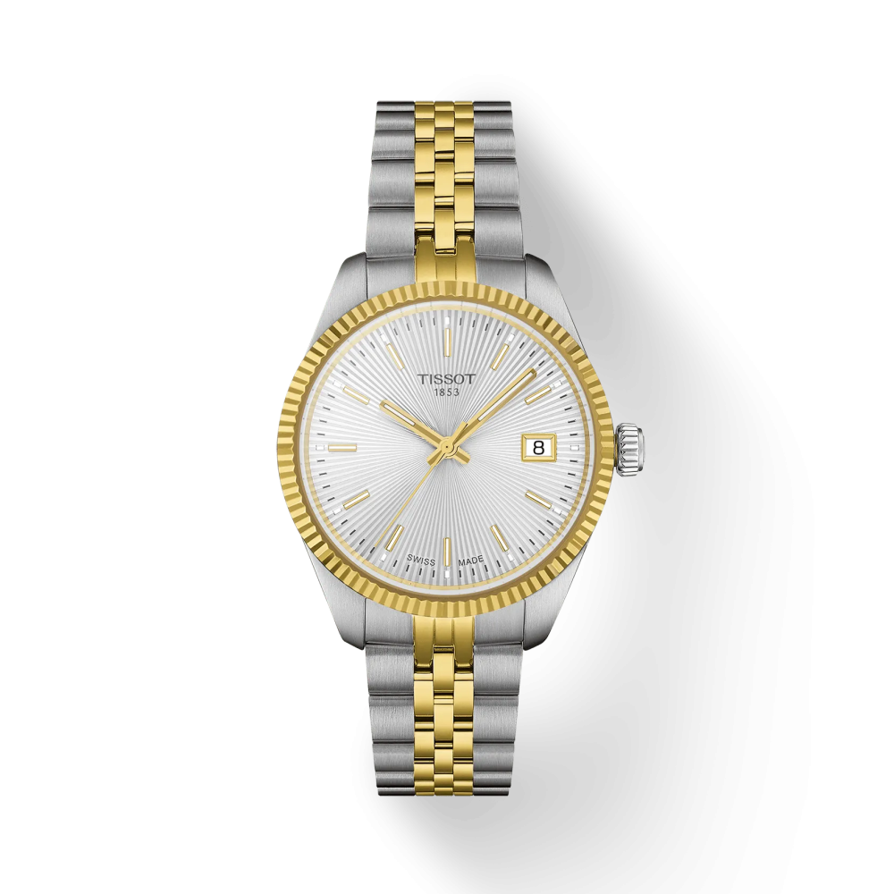 Photo montrant l'intégralité de la montre Tissot Ballade 34mm cadran gris, bracelet bicolore doré