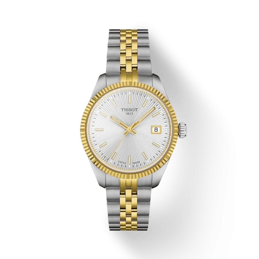 Photo montrant l'intégralité de la montre Tissot Ballade 34mm cadran gris, bracelet bicolore doré