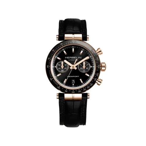 Photo montrant l'intégralité de la montre Montre Herbelin Newport – Automatique Chrono – Noir & PVD Or Rose