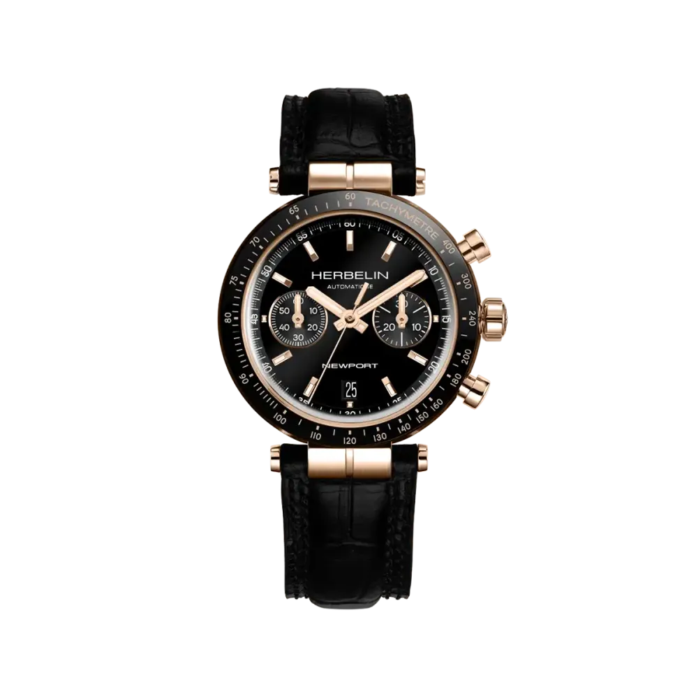 Photo montrant l'intégralité de la montre Montre Herbelin Newport – Automatique Chrono – Noir & PVD Or Rose