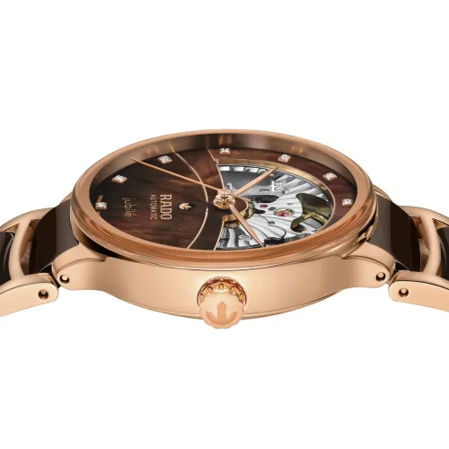 Vue entière de la montre Rado Centrix automatique avec diamants, Open Heart, chocolat