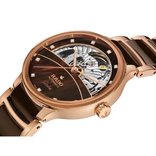Vue entière de la montre Rado Centrix automatique avec diamants, Open Heart, chocolat