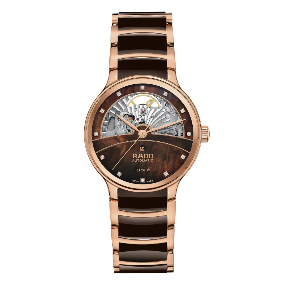 Vue entière de la montre Rado Centrix automatique avec diamants, Open Heart, chocolat