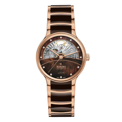 Vue entière de la montre Rado Centrix automatique avec diamants, Open Heart, chocolat