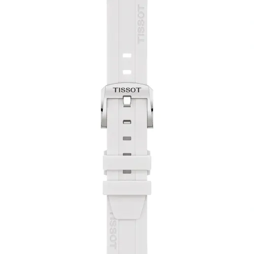 Vue d'ensemble de la montre Tissot Seastar 1000 Quartz Chronograph 38 mm – cadran et bracelet blancs